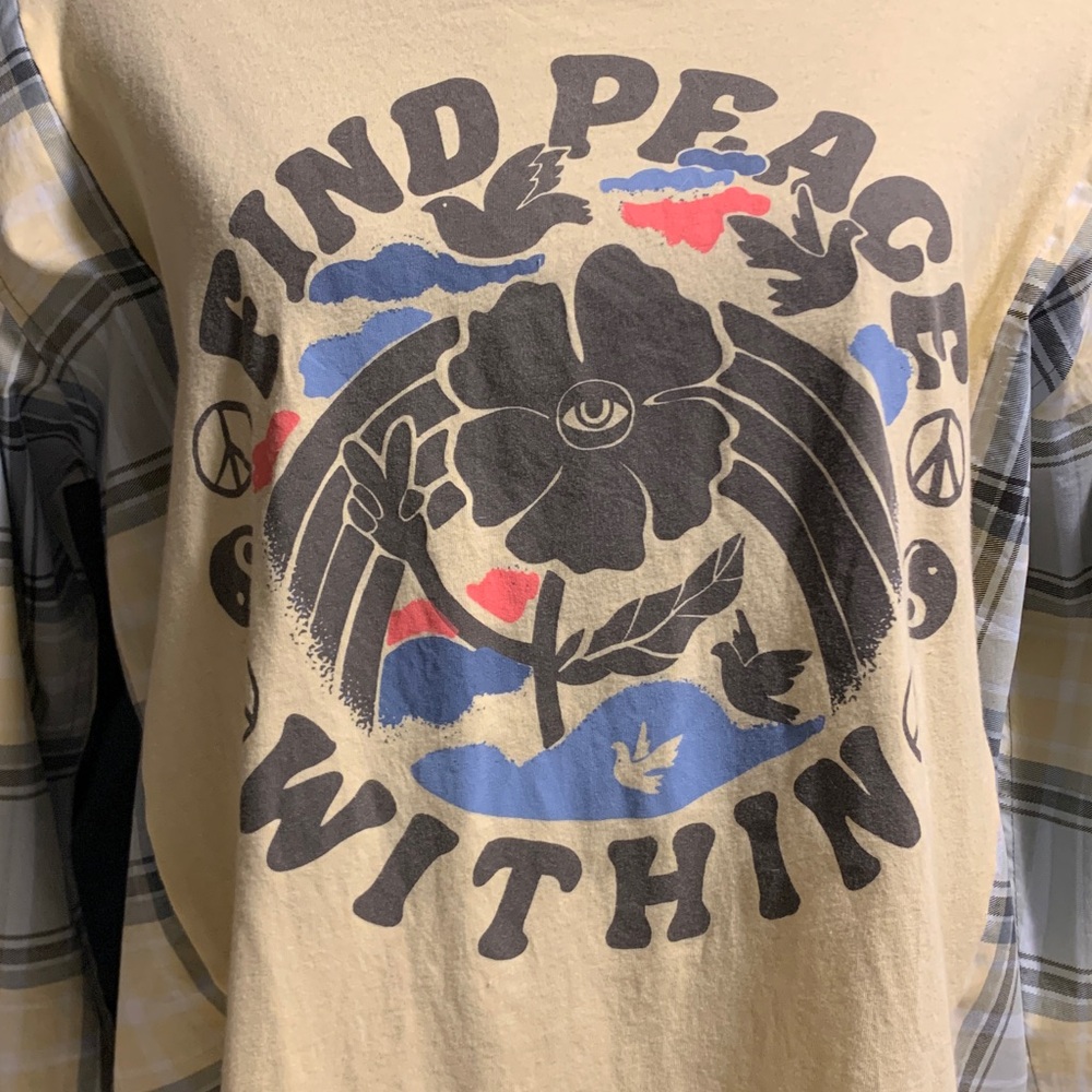 Upcycled “Find Peace Within”Yellow Graphic Tee with plaid Plaid Sleeves - Picture 2 of 7